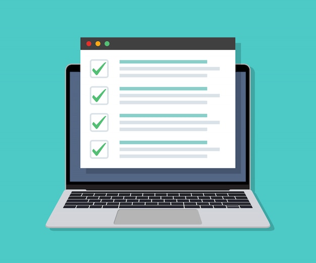laptop with online checklist on display in a flat design