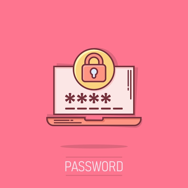 Ноутбук с иконой пароля в комическом стиле Компьютерный доступ мультфильм векторная иллюстрация на белом изолированном фоне Замок вход вспышка эффект бизнес-концепция