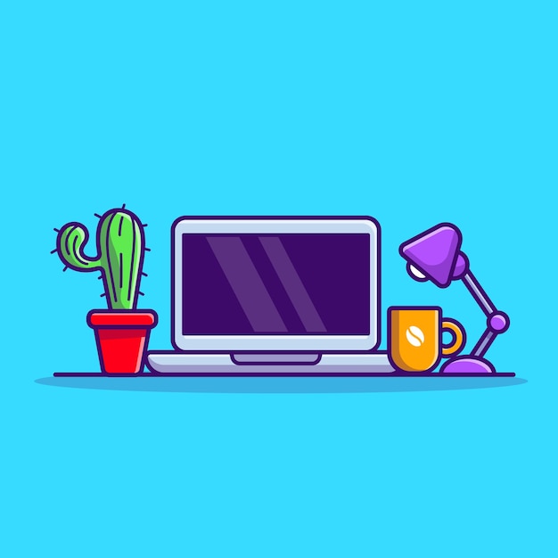 Vector laptop with plant and lamp cartoon vector icon illustration. technology object icon concept isolated premium vector. flat cartoon style