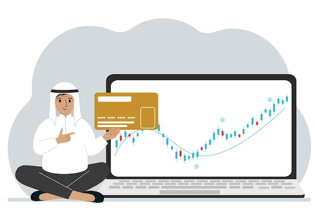 A laptop with a promo page of stock trading or trading on the stock exchange next to a man holding a plastic card Financial chart for buying and selling in the stock market Vector flat illustration