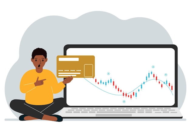 A laptop with a promo page of stock trading or trading on the stock exchange next to a man holding a plastic card Financial chart for buying and selling in the stock market Vector flat illustration