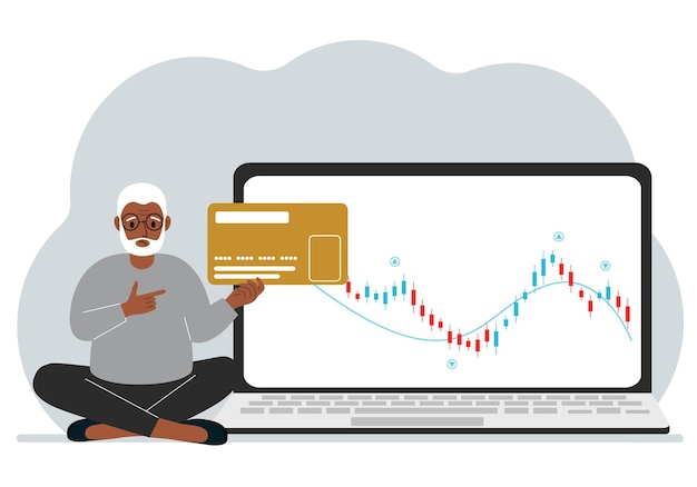 A laptop with a promo page of stock trading or trading on the stock exchange next to a man holding a plastic card Financial chart for buying and selling in the stock market Vector flat illustration