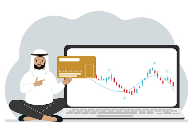 A laptop with a promo page of stock trading or trading on the stock exchange next to a man holding a plastic card Financial chart for buying and selling in the stock market Vector flat illustration
