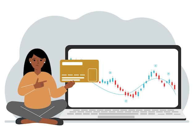 A laptop with a promo page of stock trading or trading on the stock exchange next to a woman holding a plastic card Financial chart for buying and selling in the stock market Vector