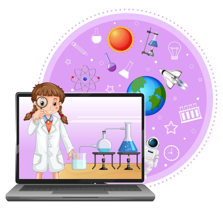 Vector laptop with scientist kid cartoon character