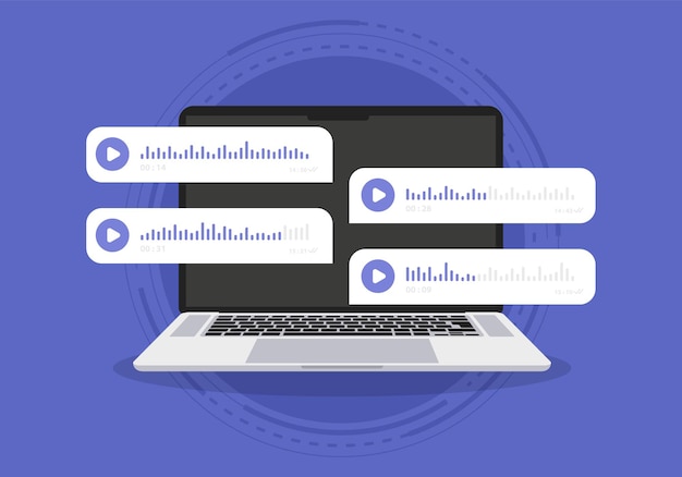 画面に音声メッセージが表示されたラップトップ音声メッセージと音声メッセージメッセンジャーでの最新のコミュニケーションオンラインチャットソーシャルメディアデザインコンセプトチャットアプリと音声メッセージバブルを備えたコンピューター