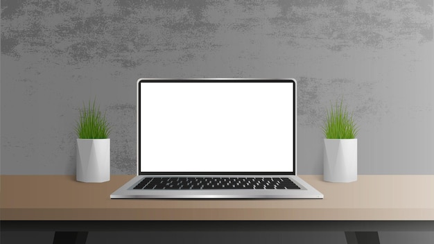 A laptop with a white screen is on the table. Workplace. Ready-made template for advertising design. Realistic vector.