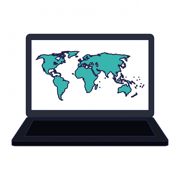 Laptop with world map on screen