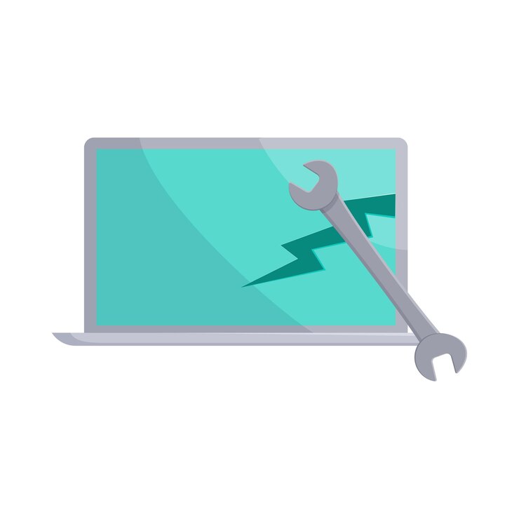 Vector laptop and wrench icon in cartoon style on a white background