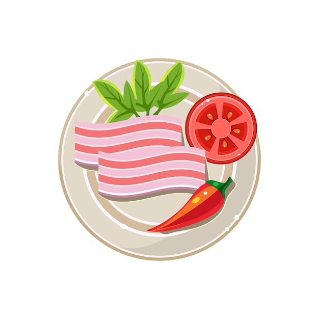 Lard, Pepper and Tomato Served Food. Colourful Vector Illustration