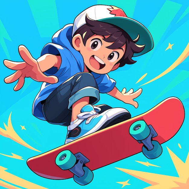 A Laredo boy practices extreme skateboarding in cartoon style