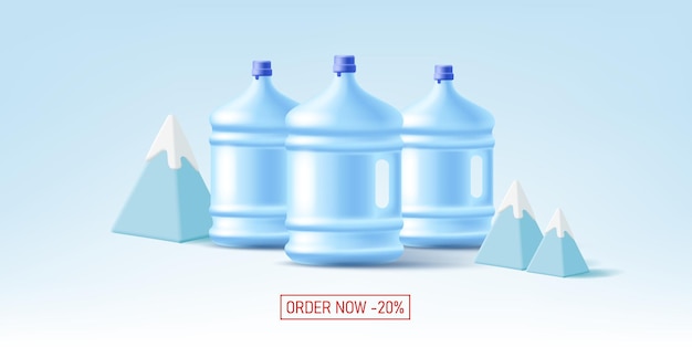 Vector large 3d jars with a pen and water pyramidal mountains with snow discounts on the order