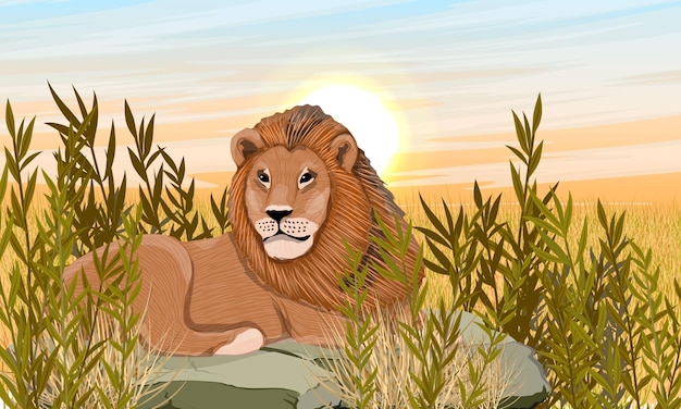 A large African lion lies on a stone under the sun African savanna at sunset African wild predator