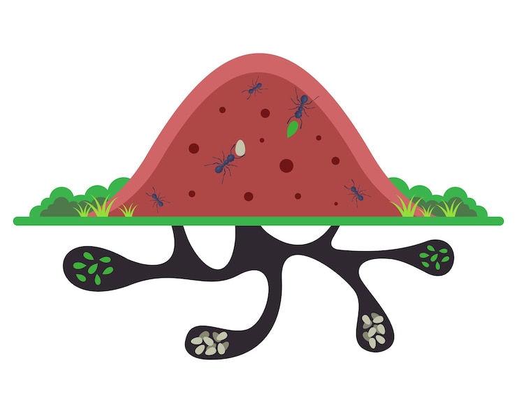 Vector large anthill in the forest. underground passages with ants. flat vector illustration.