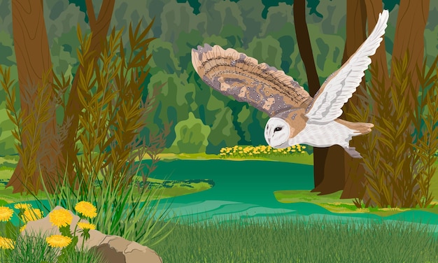 Vector a large barn owl flies over a large green forest swamp in a dark dense forest