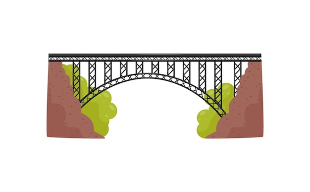 Большой черный металлический мост Железная конструкция для транспортировки Стальная конструкция для пересечения реки или ущелья Иллюстрация в стиле мультфильма Цветный плоский векторный дизайн, изолированный на белом фоне