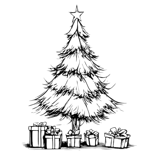 Vector large black and white drawing of a christmas tree with a star on top