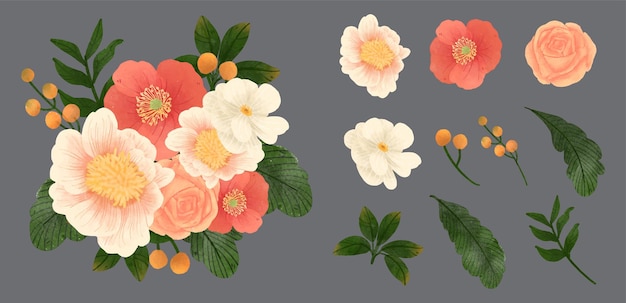 Large botanical set of wild flowers set of separate parts and bring together to beautiful bouquet of flowers in water colors style on white background flat vector illustration