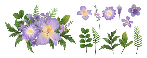 野生の花の大規模な植物のセット別々のパーツのセットと白い背景のフラットベクトルイラストに水の色のスタイルで花の美しい花束にまとめる