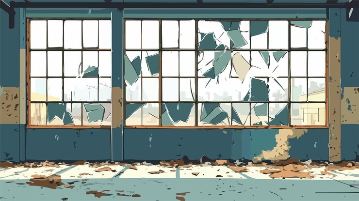 Vector large broken window in abandoned industrial ruins