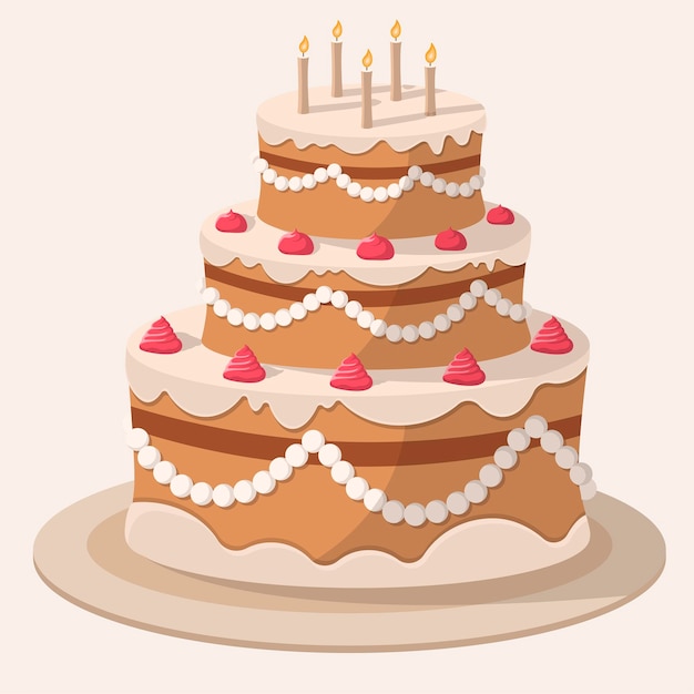 Large cartoon vector cream-coated cake with candles.