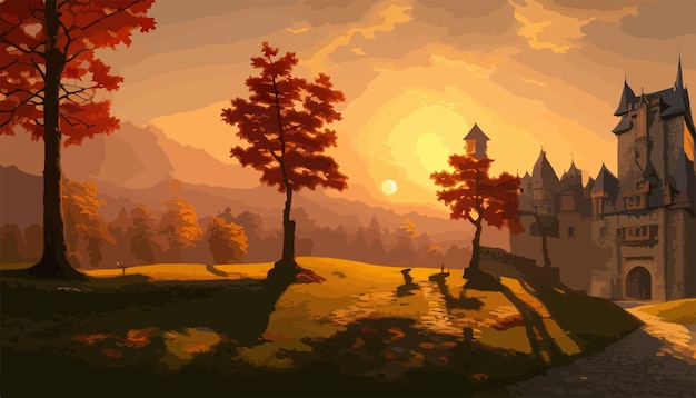Vector a large castle with a tower on top of a hill surrounded by autumn trees vector illustration