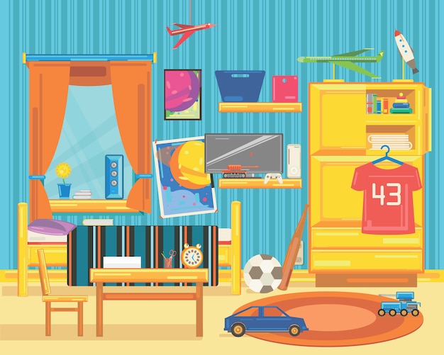 Ampia camera per bambini con mobili, finestre e giocattoli.