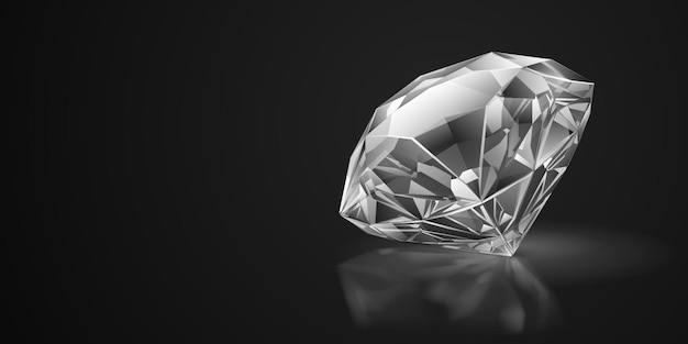 Large clear crystal diamond with multiple reflective facets set against a dark background