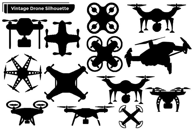 Vector large collection of black drone silhouettes in different poses