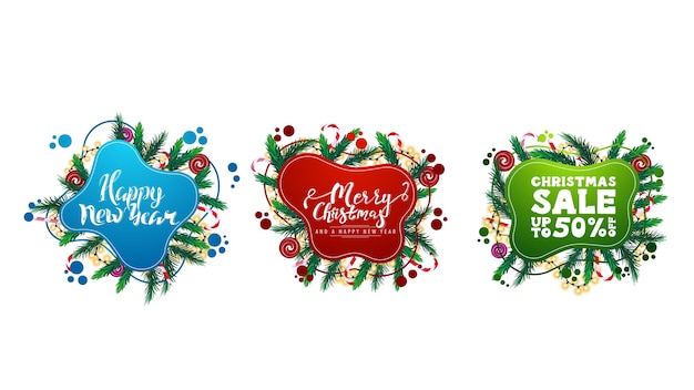 Ampia raccolta di auguri di natale e sconti elementi web in stile liquido con forme fluide astratte decorate con rami di albero di natale, caramelle e ghirlande isolate