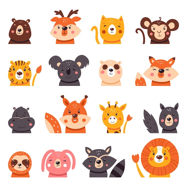 Vector large collection of cute cartoon animals.