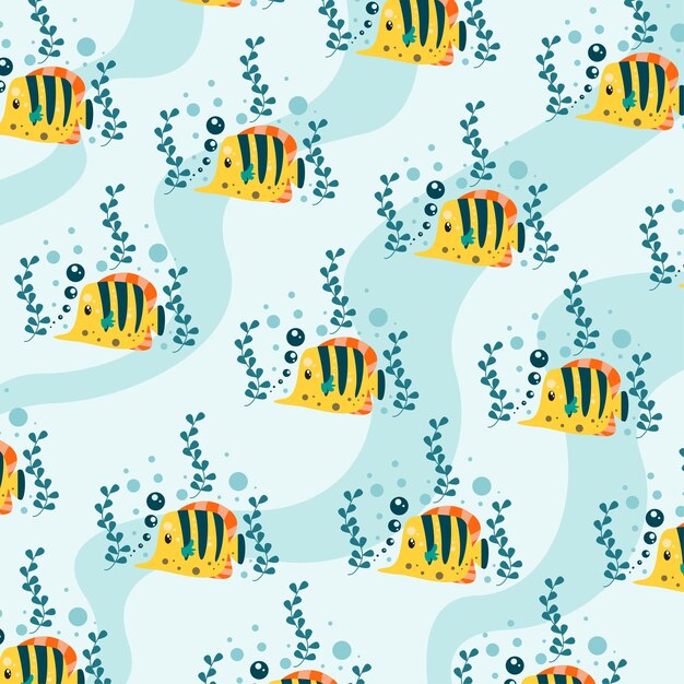 A large collection of cute ornamental fish seamless patterns. Baby yellow tang seamless pattern.