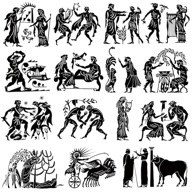Vector large collection of greek songs on a white background black silhouettes of the greek heroes