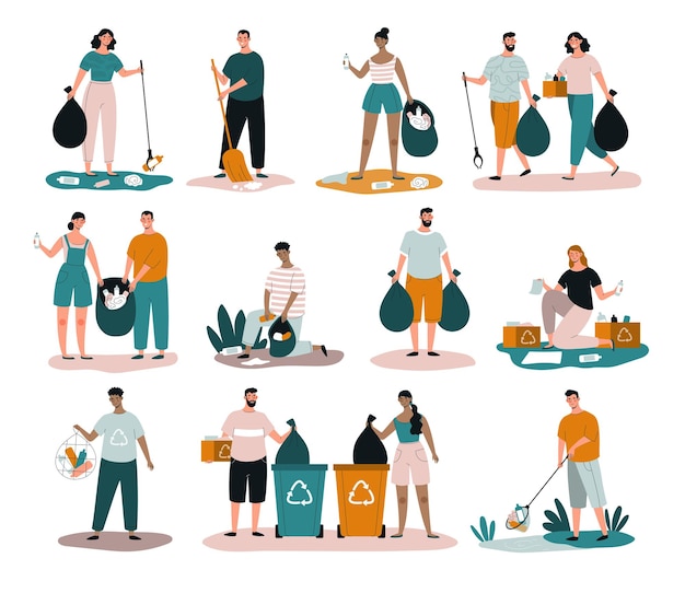 Vector large collection of people collecting household and environmental trash for safe disposal and recycling, colored vector illustration