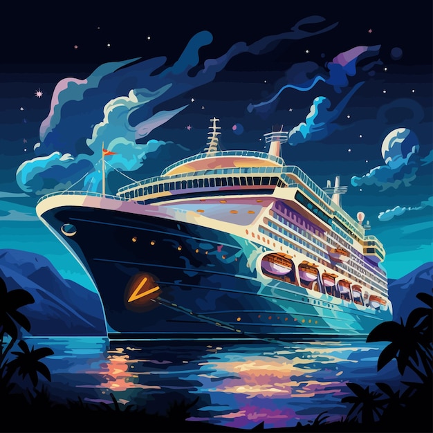 벡터 large_cruise_ship on_sea_or_ocean_coast_at_night