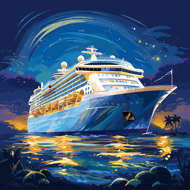 벡터 large_cruise_ship on_sea_or_ocean_coast_at_night