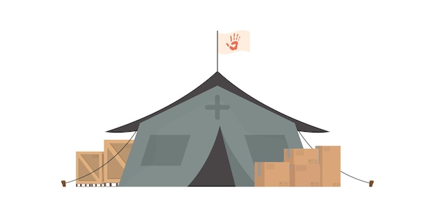 인도주의적 지원 격리 벡터 일러스트레이션을 위한 상자 캠프 요소가 있는 대형 짙은 녹색 텐트