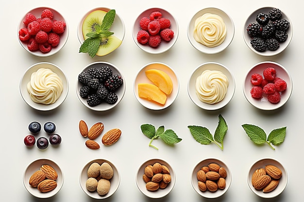 Large dried fruit selection in white bowls over slate background with titles