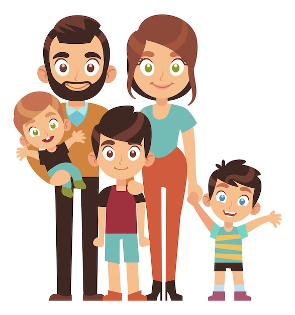 Large family concept Cartoon parents with three kids