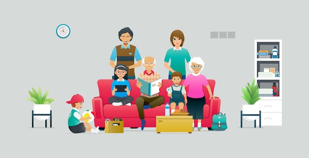 A large family has members sitting on a sofa against a gray background