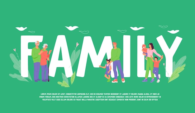 Large family web banner concept with cartoon characters of various family generations flat vector illustration