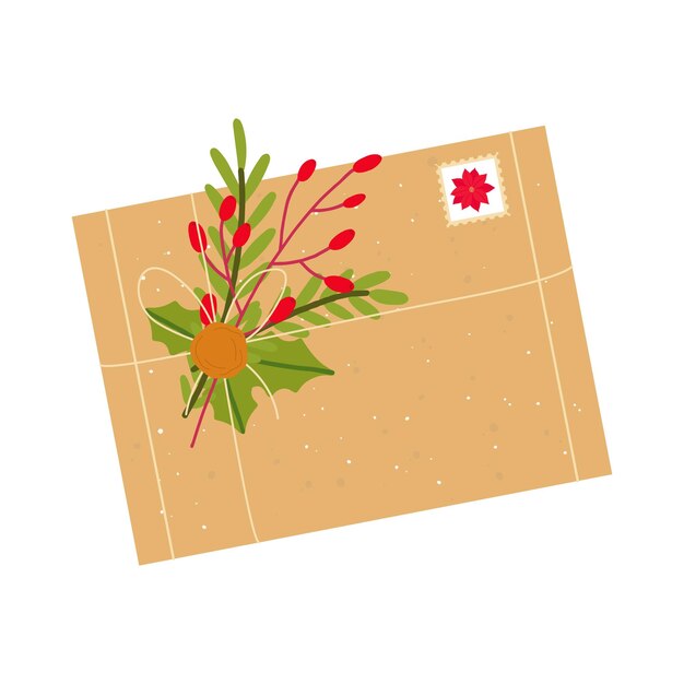 A large festive paper envelope with a Christmas decor made of twigs tied with a rope with a seal