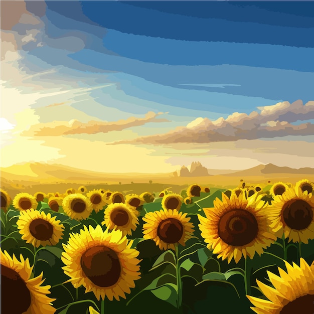 Вектор Большие полевые подсолнухи на фоне неба, векторная иллюстрация природы в солнечный день, сельское хозяйство