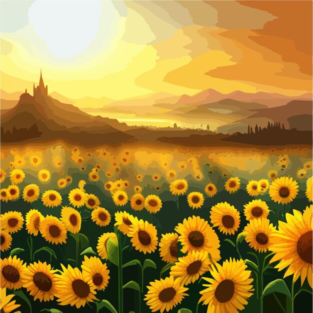 Large field sunflowers with sky background vector illustration nature on sunny day agriculture