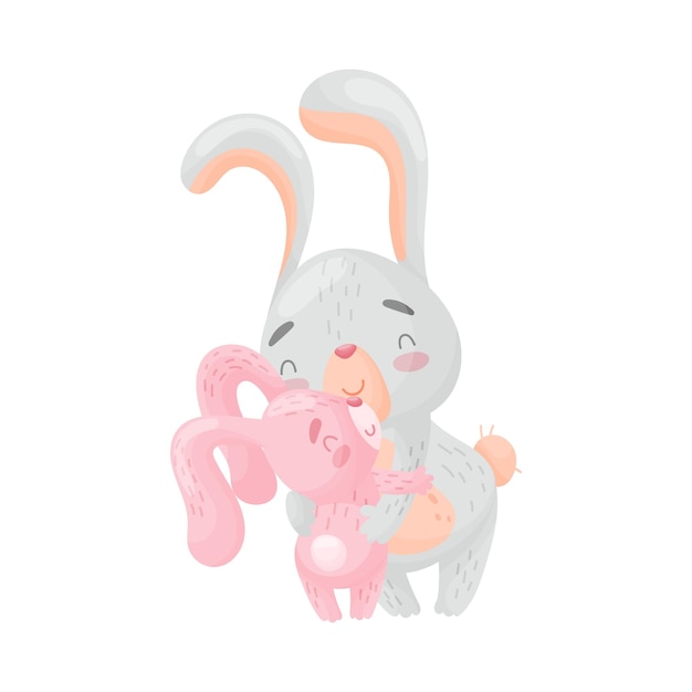 Large gray hare is hugging a small pink Vector illustration on white background