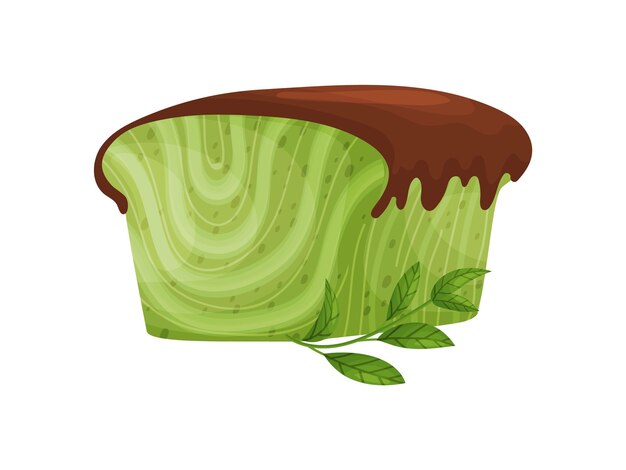 Большой зеленый кекс, покрытый шоколадной глазурью. Рядом находится веточка мяты. Векторная иллюстрация на белом фоне.