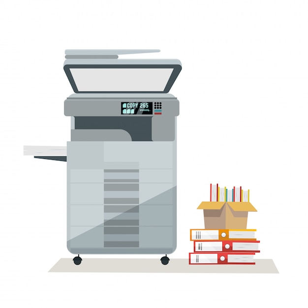 Large grey office floor multifunction printer scanner copier with pile of documents in cardboard boxes. on white background. flat cartoon   illustration.