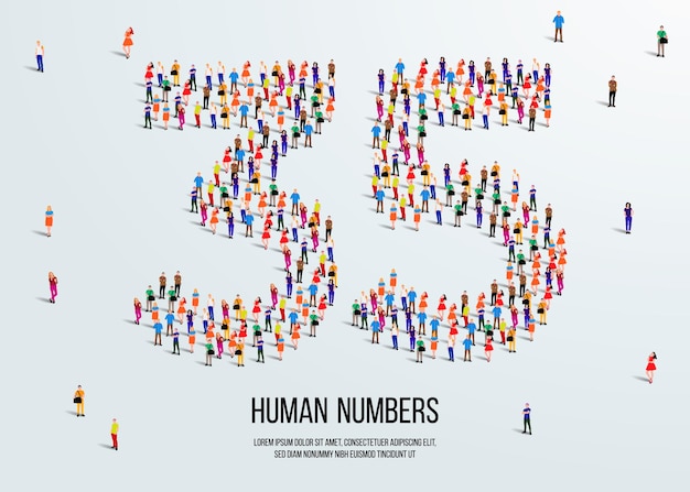 Вектор Большая группа людей формируется для создания шрифта числа 35 или тридцати пяти человек или числового вектора