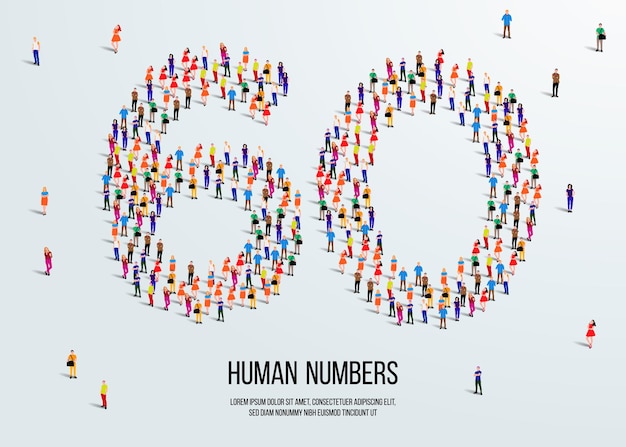 Вектор Большая группа людей формируется, чтобы создать число 60 или 60. люди шрифт или номер. векторная иллюстрация