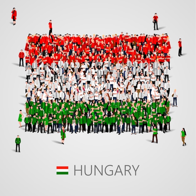 헝가리 국기 모양에있는 사람들의 큰 그룹